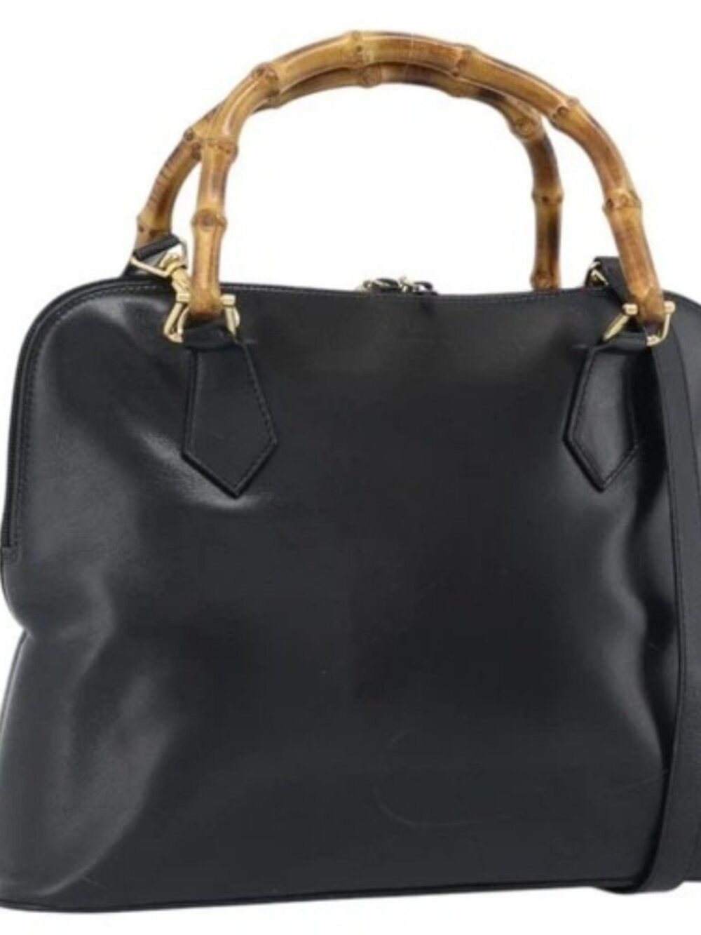 GUCCI Bamboo Hand Bag Leather 2way Black Gold 000 3780 0289 Auth 189634